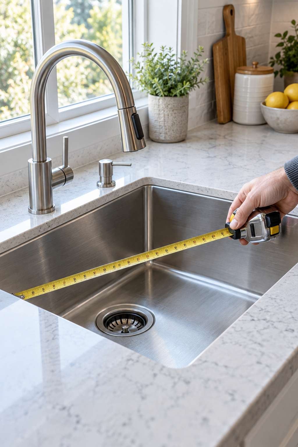 Measuring a stainless steel kitchen sink with a tape measure
