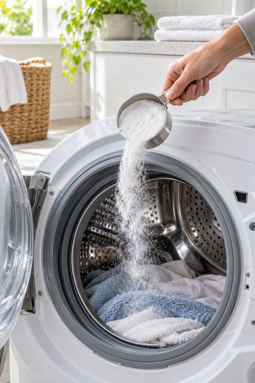 Measuring baking soda for a laundry load