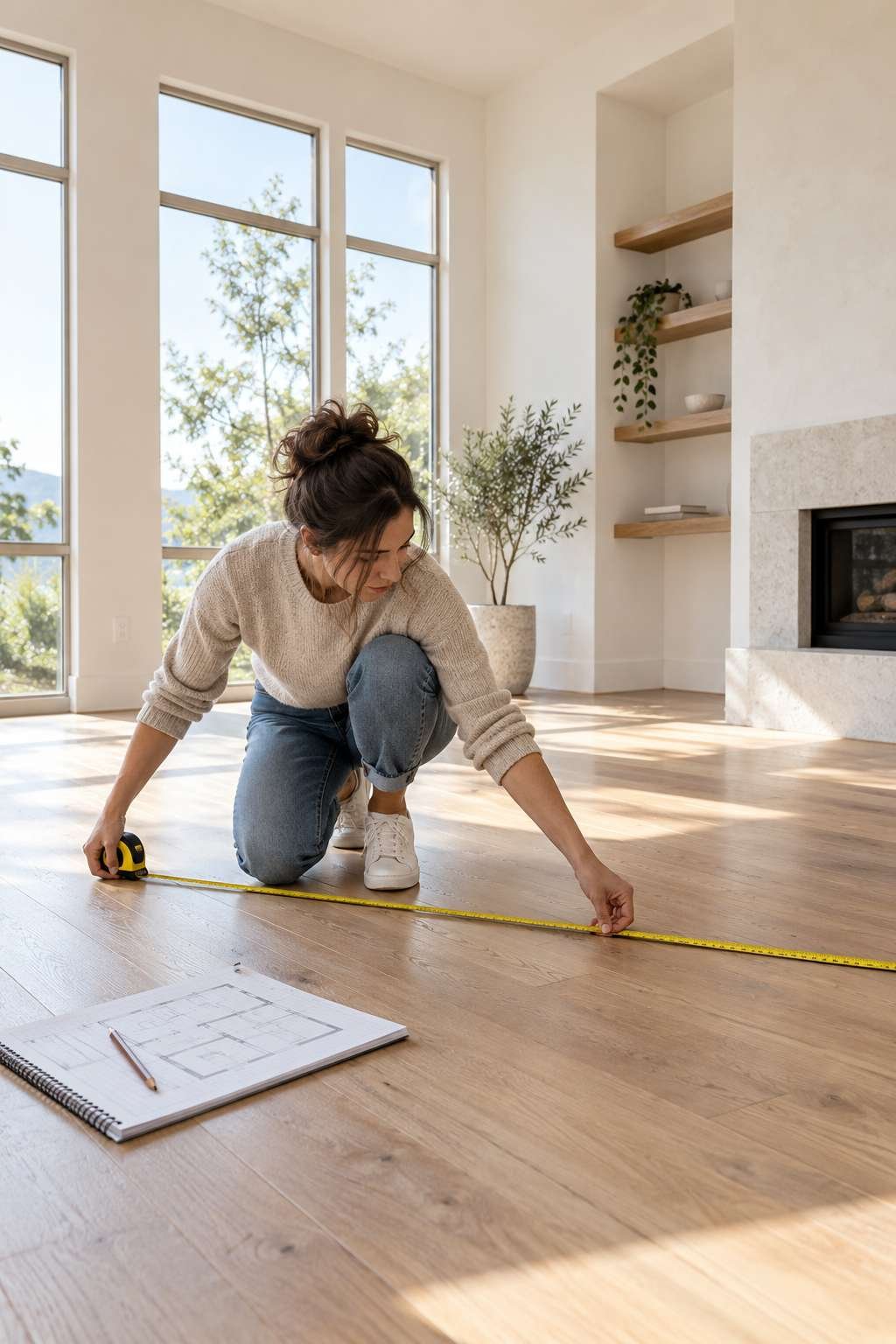 Person measuring an empty living room floor before buying furniture