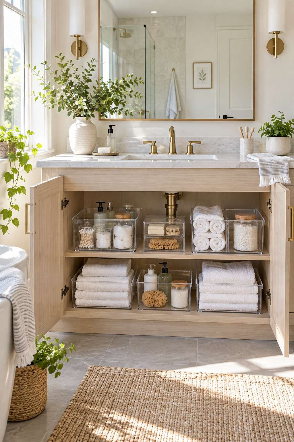 Organized bathroom cabinet with clear bins showing how to organize bathroom cabinet space