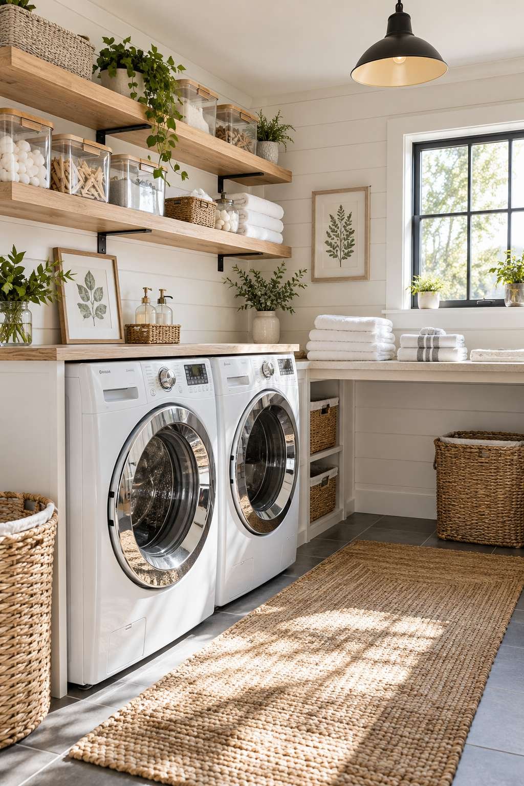 Organized modern laundry room with labeled bins and folding counter