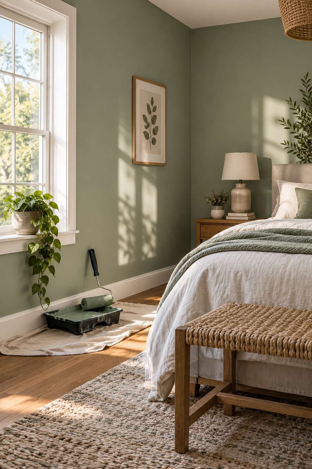 Freshly painted sage green bedroom with a roller and tray nearby