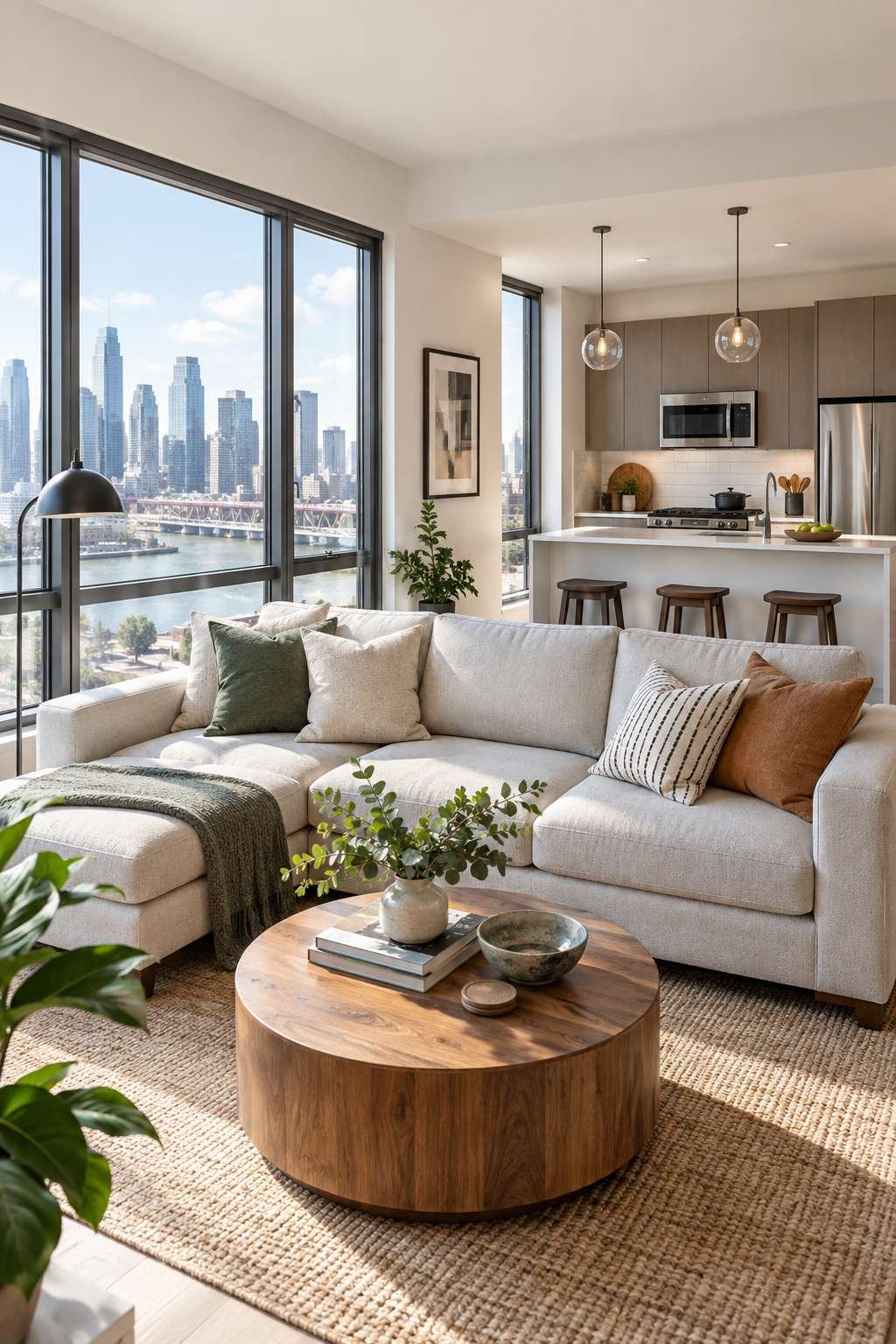 Bright modern one-bedroom apartment interior with a city skyline view