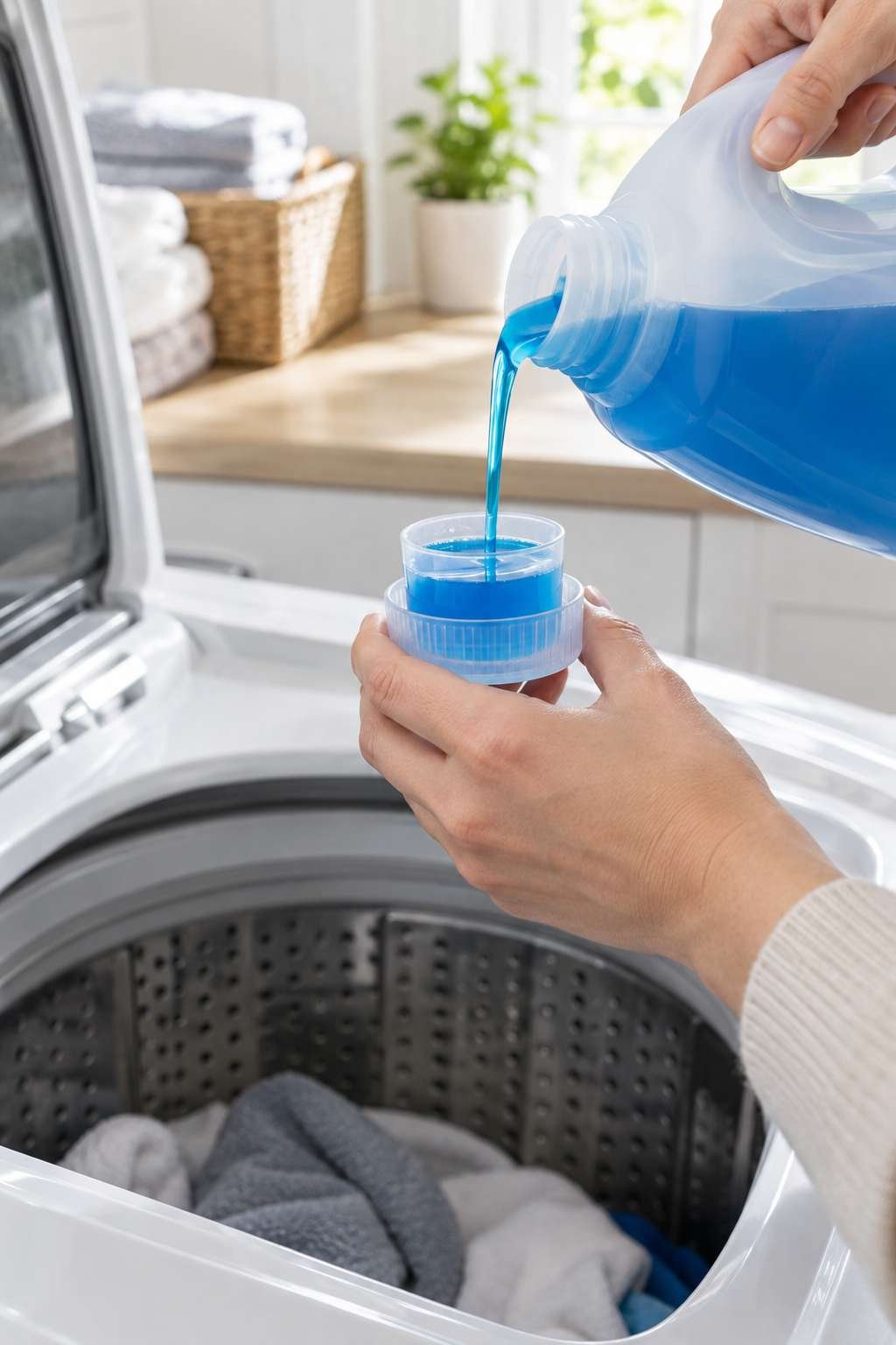 Pouring liquid laundry detergent to the correct fill line