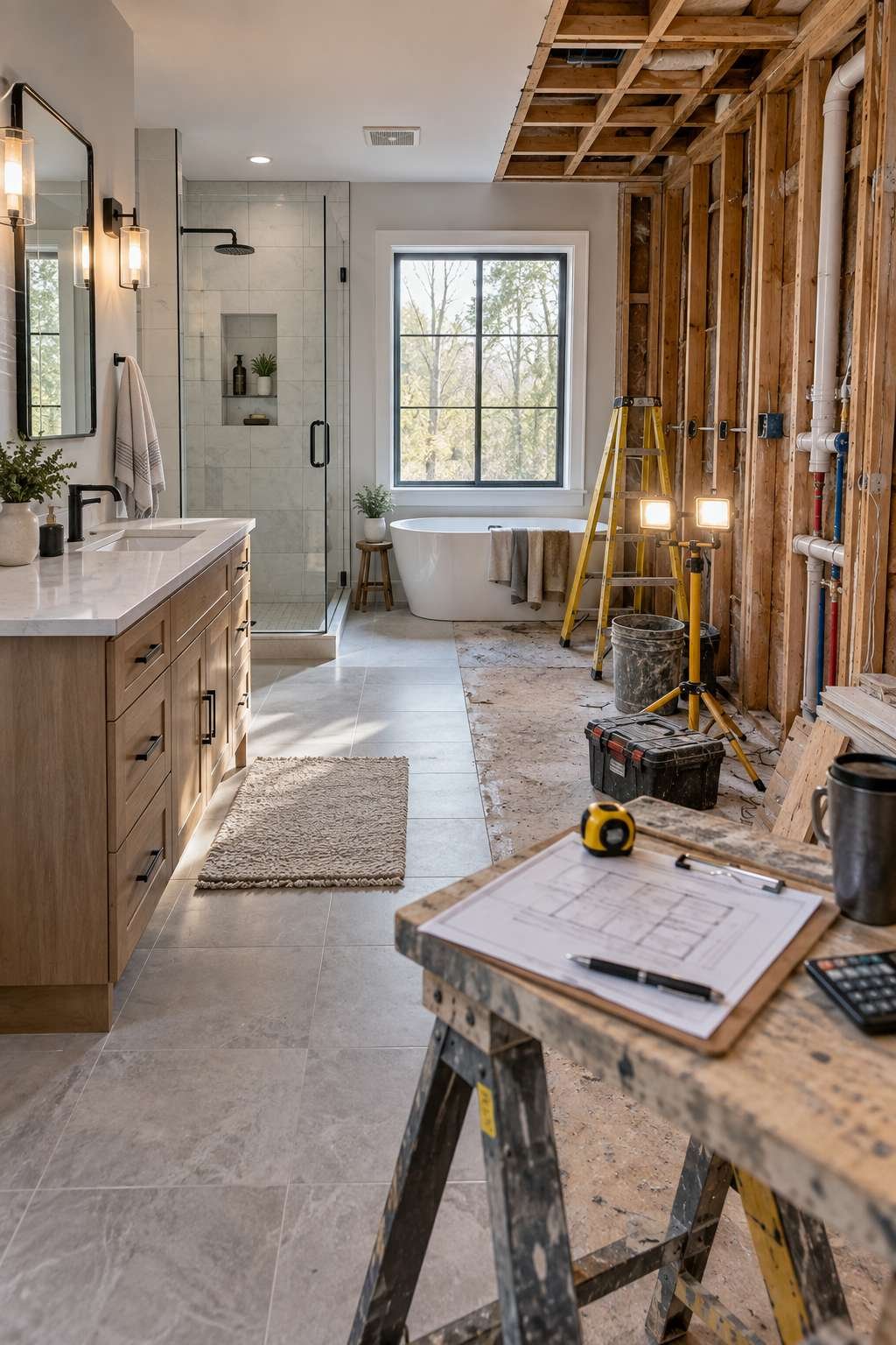 Half-finished bathroom remodel showing new tile beside exposed construction, illustrating remodel cost planning