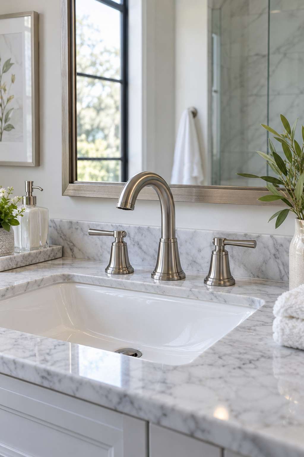Newly installed bathroom faucet on a clean white sink
