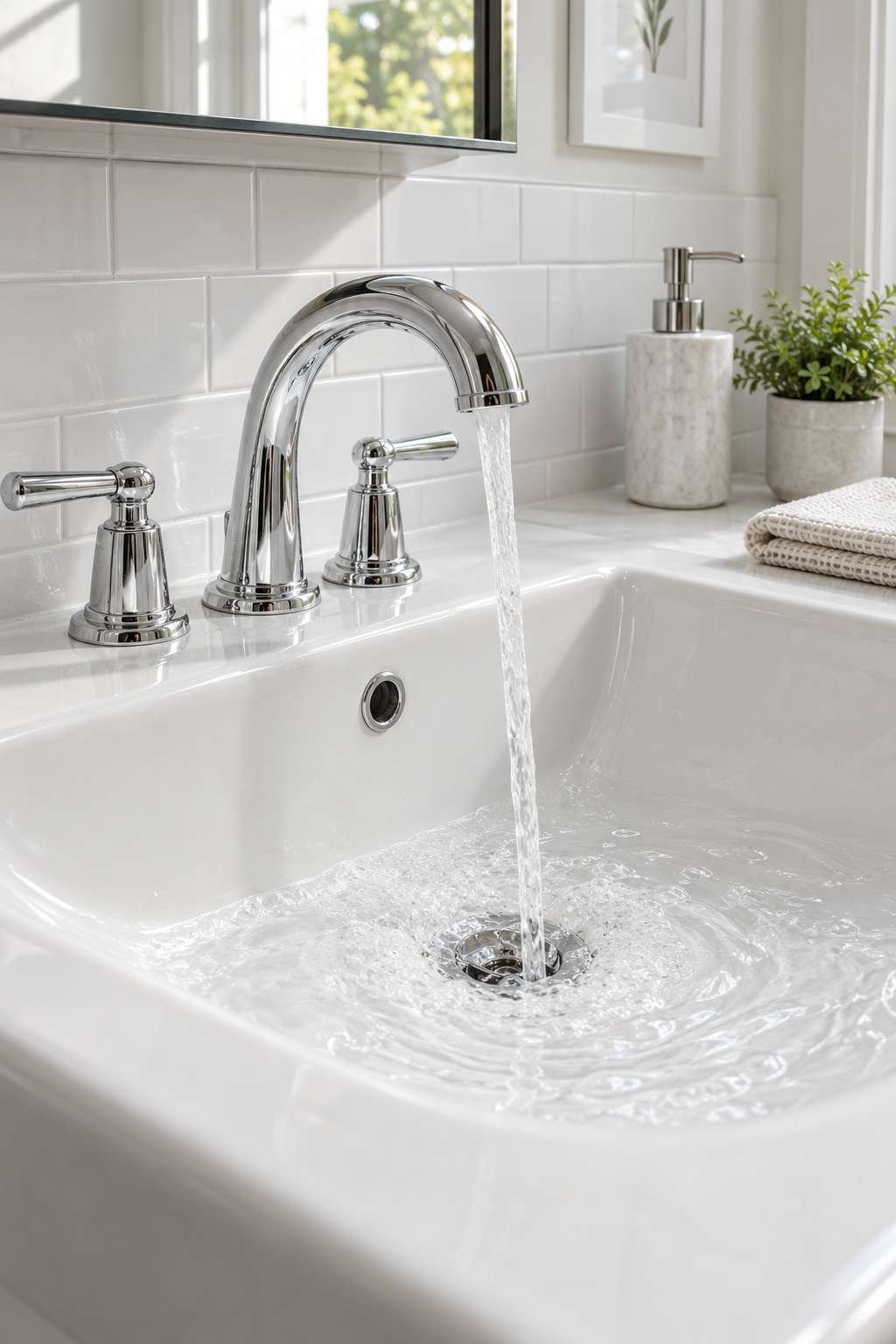 Clean bathroom sink with water draining freely after cleaning