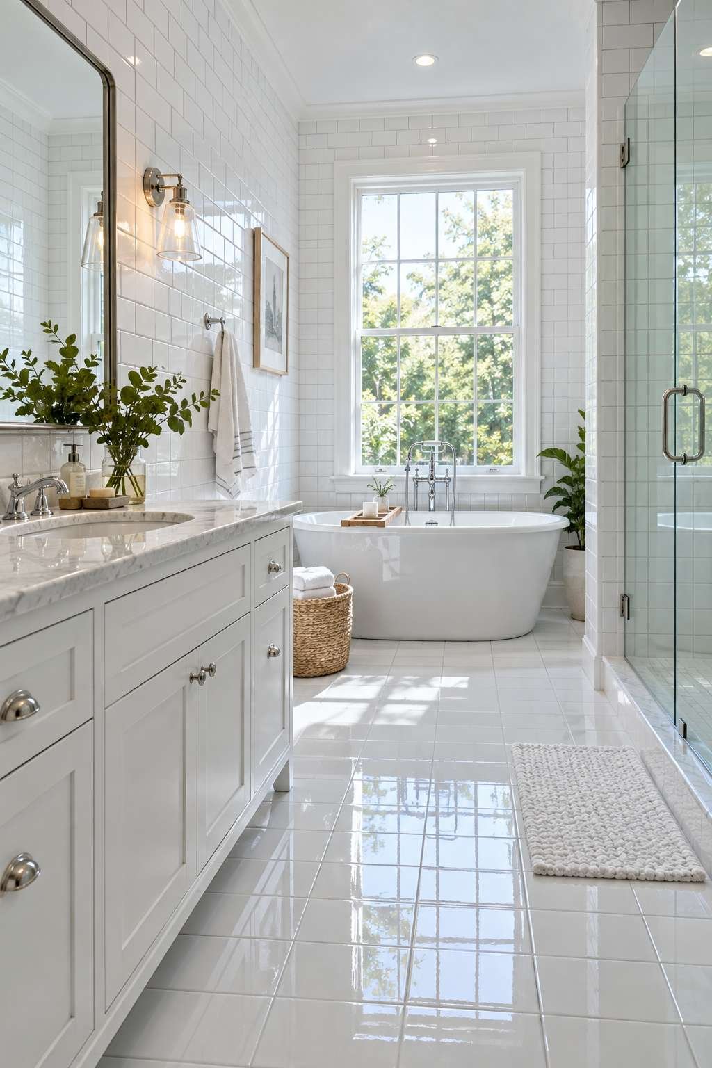 Bright bathroom with clean glossy white subway tile walls and floor