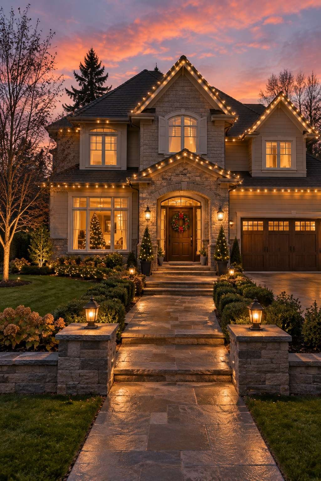 House exterior fully decorated for Christmas at dusk