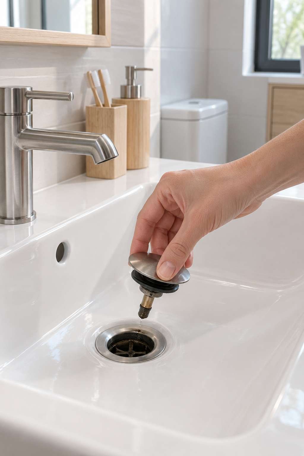 Hand lifting a bathroom sink stopper out of the drain