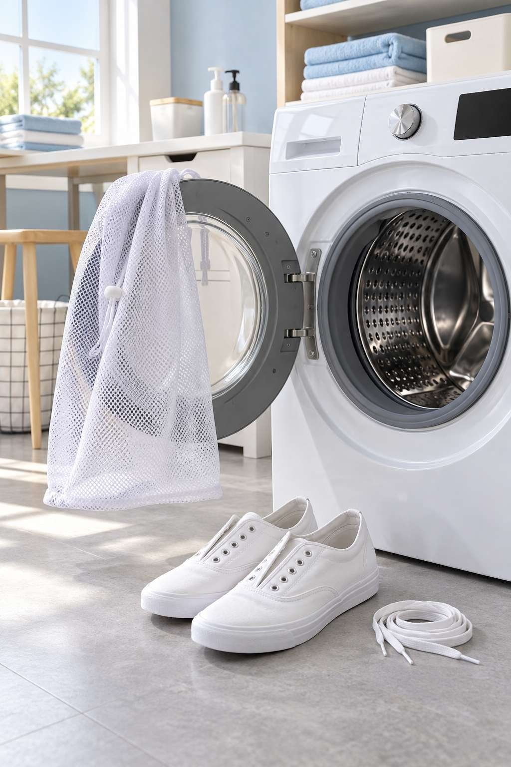 Clean tennis shoes and mesh laundry bag beside a washing machine