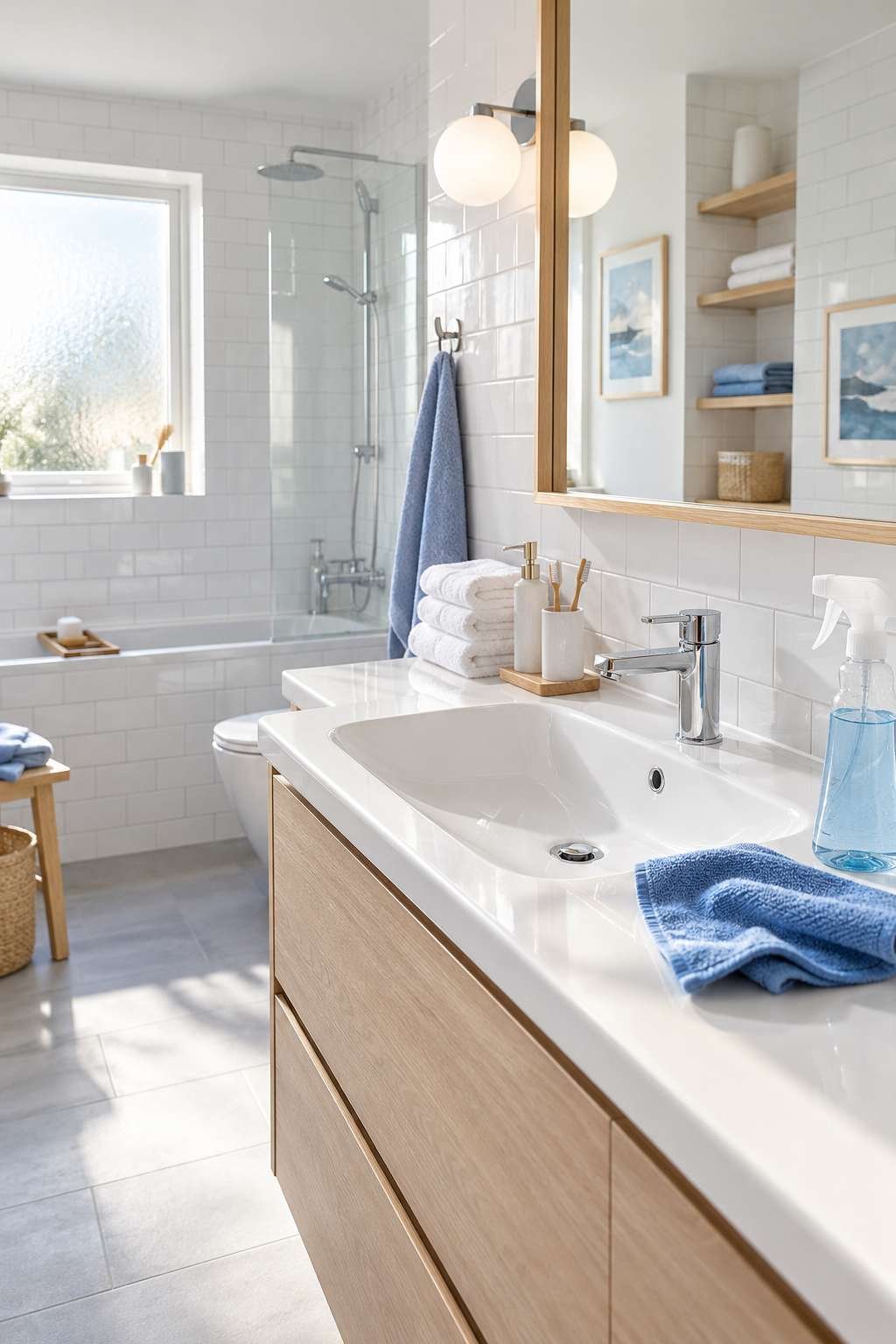Bright, freshly cleaned modern bathroom with white tile and folded towels