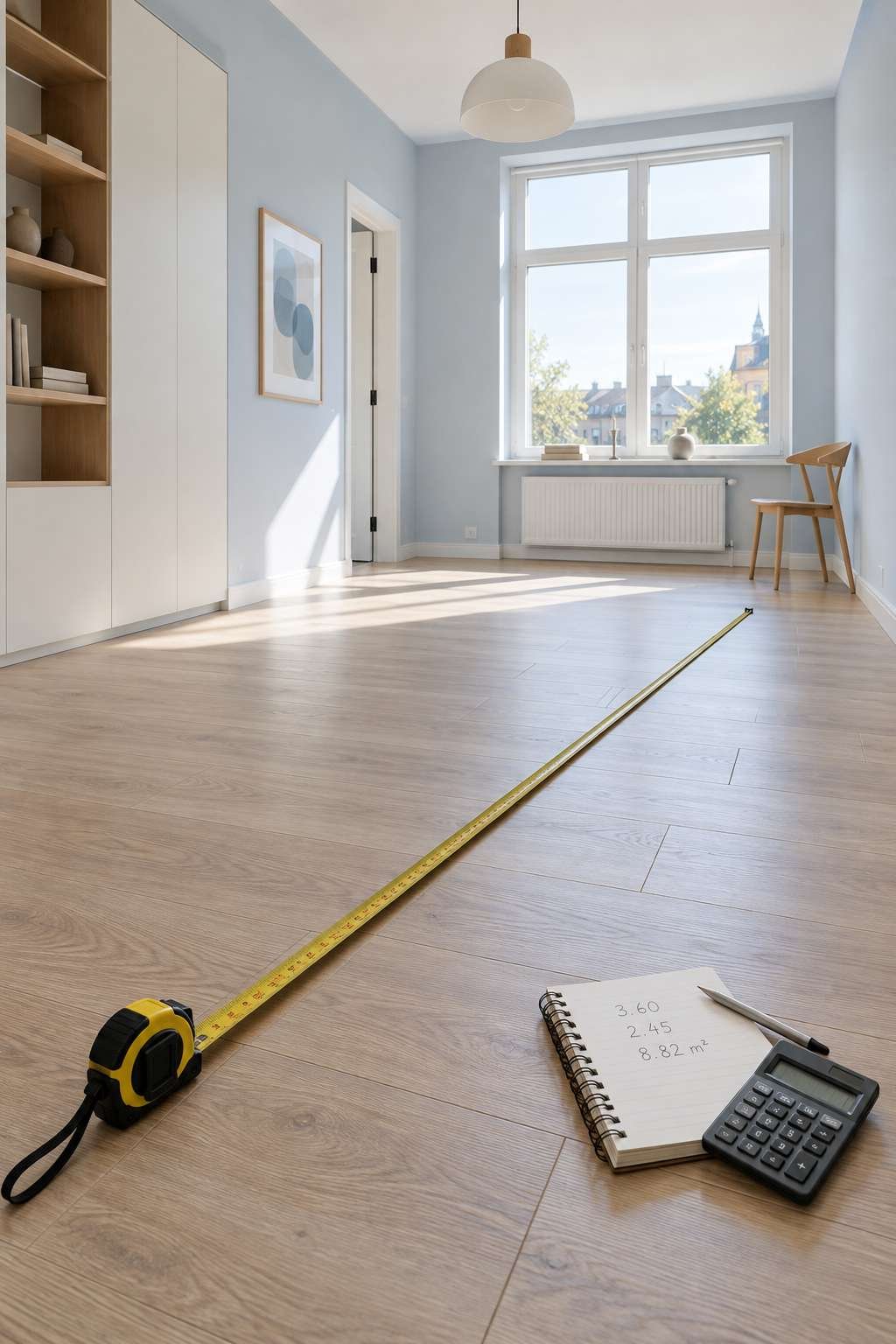 Tape measure and calculator used to work out a room's square footage