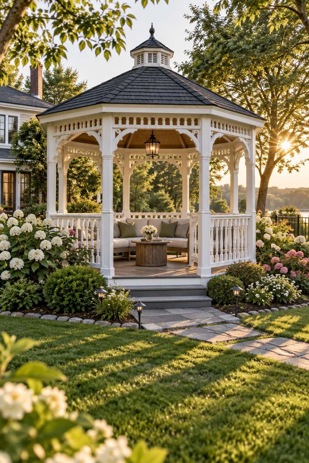 White octagonal wooden gazebo in a backyard garden showing what a gazebo looks like