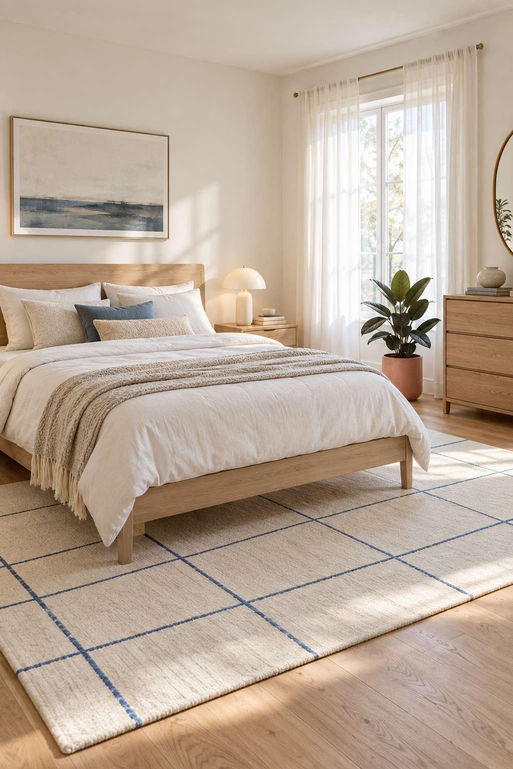 Bright modern bedroom showing an average-size layout with bed and dresser