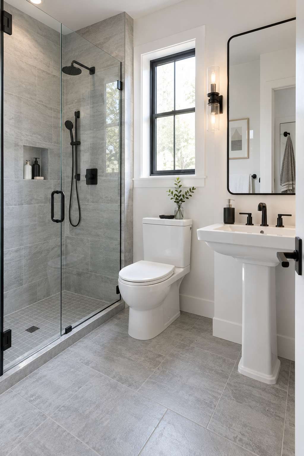 Modern 3/4 bathroom with glass shower stall, pedestal sink, and no bathtub