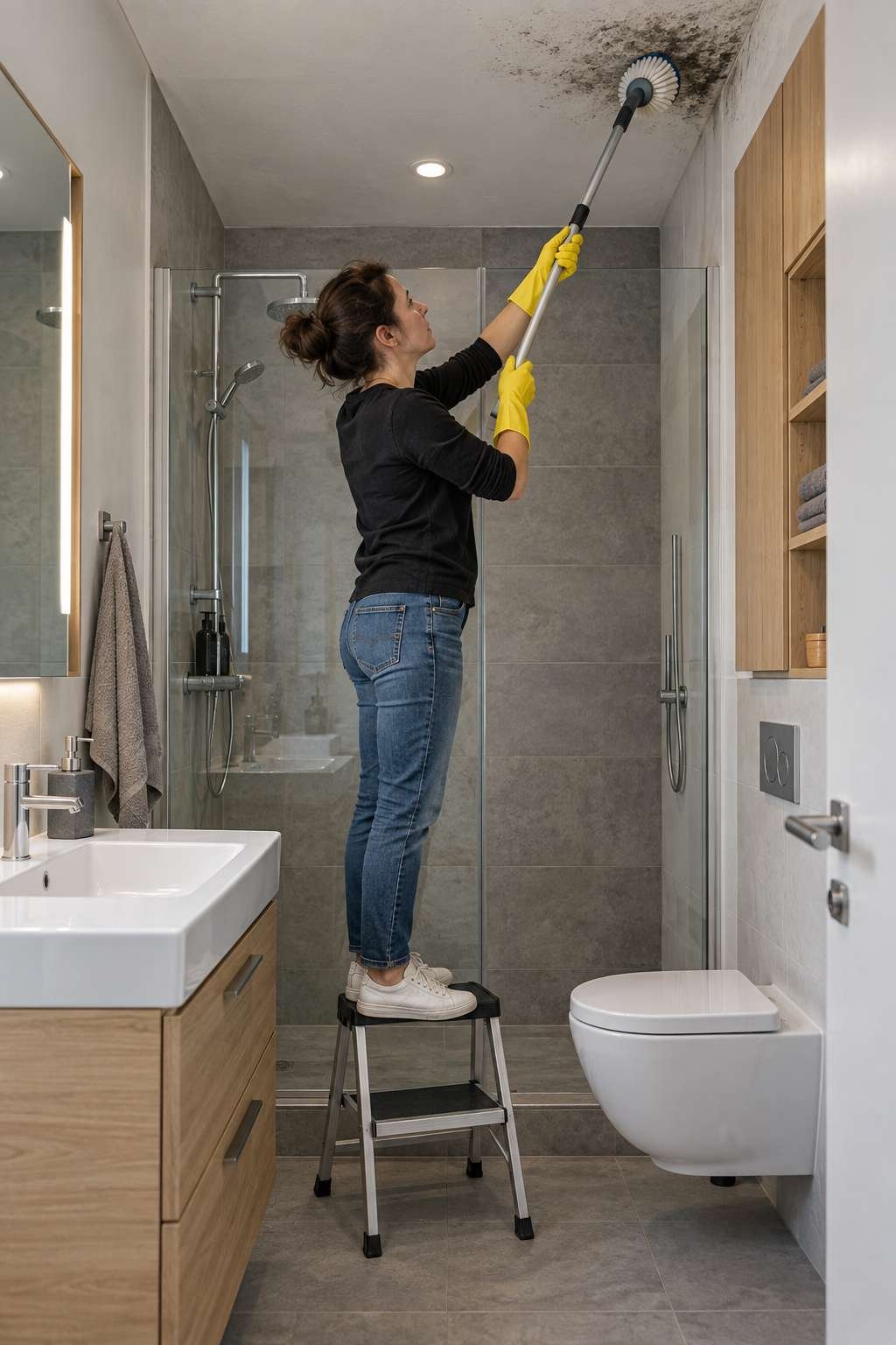 Person on a step stool scrubbing mold from a bathroom ceiling