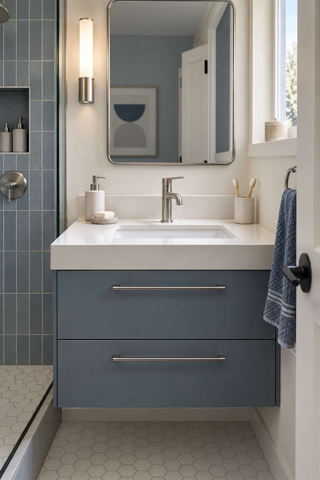 Newly installed brushed nickel bathroom faucet on a clean sink