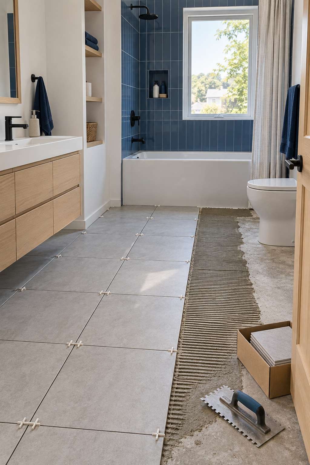 Bathroom floor mid-installation with porcelain tile and spacers in place