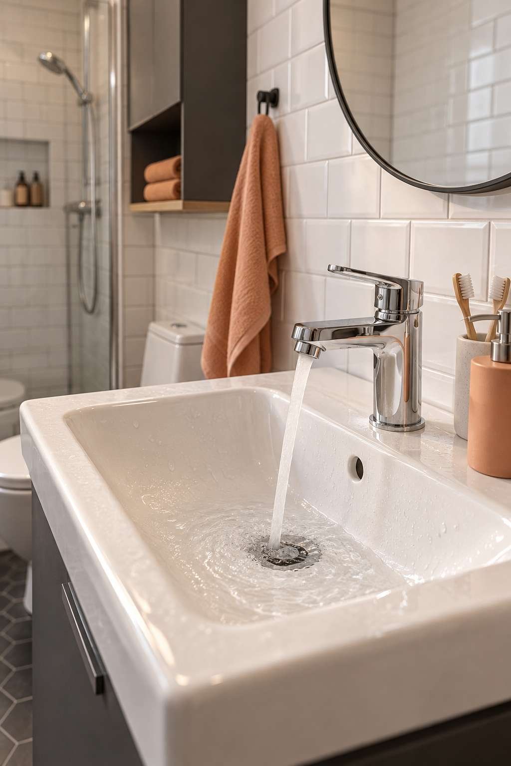 Water draining smoothly from a clean bathroom sink after unclogging