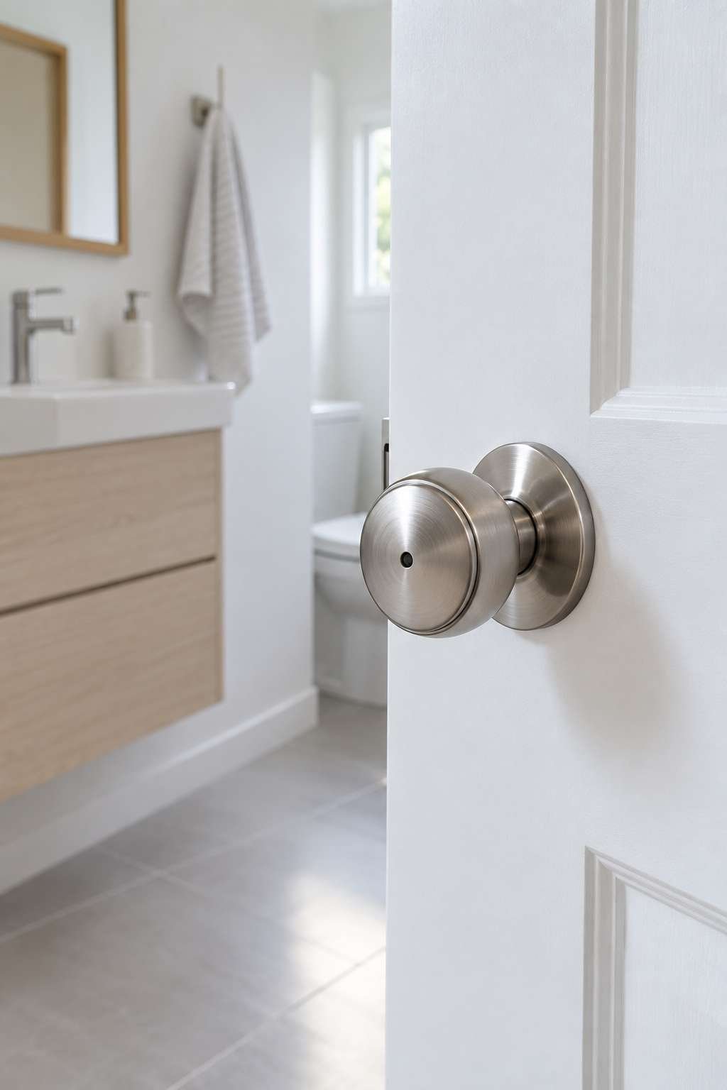 Modern bathroom door with a privacy doorknob and visible pinhole release