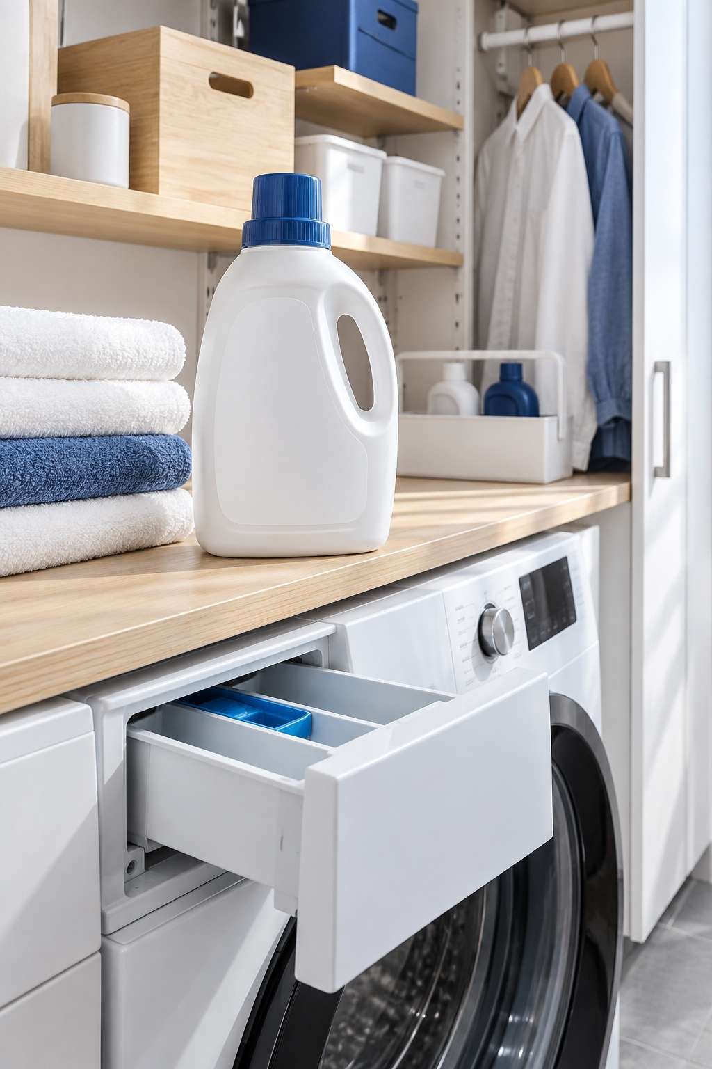 Laundry sanitizer bottle beside a washing machine dispenser
