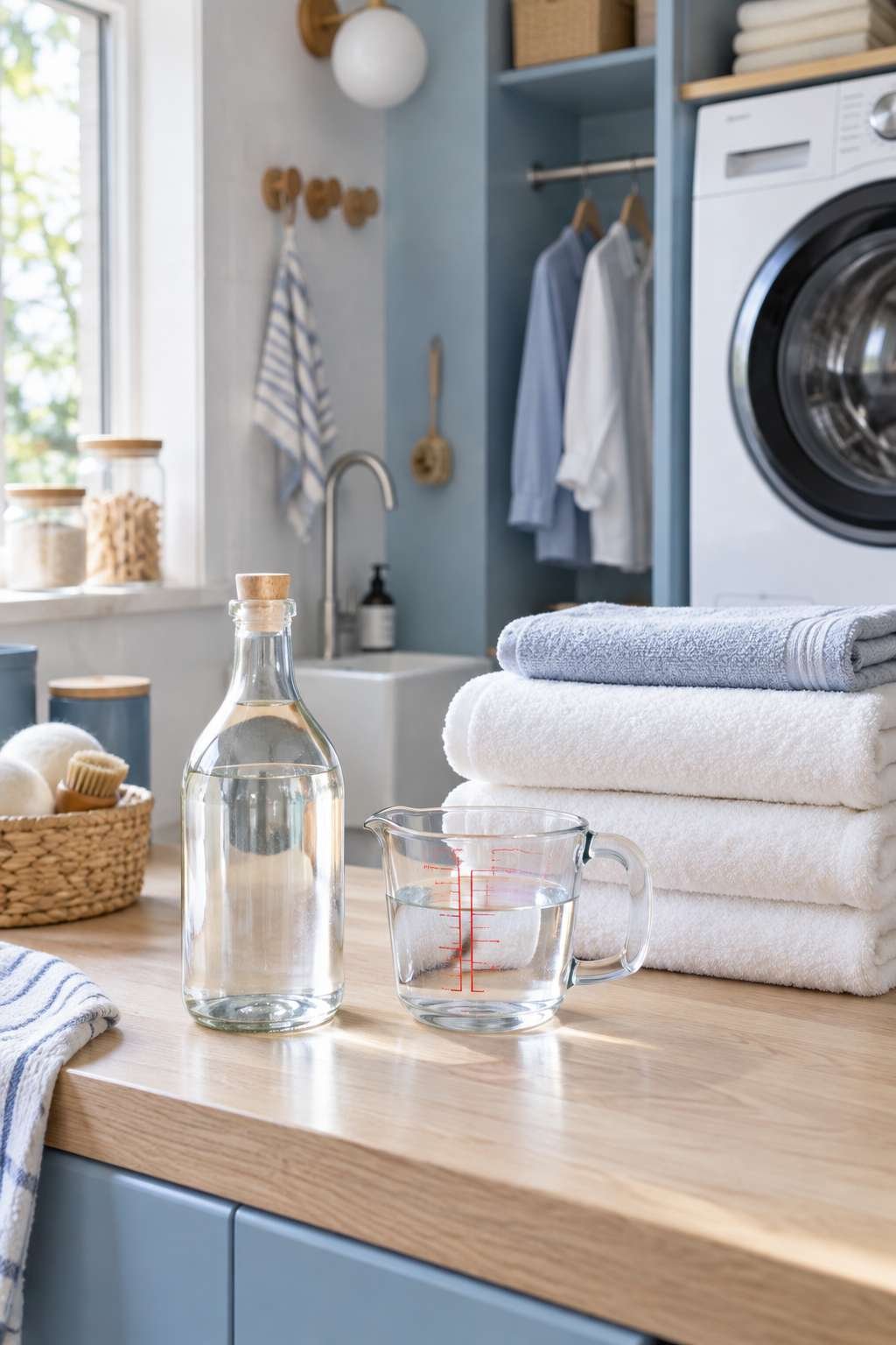 Bottle of white vinegar with measuring cup showing how to use vinegar in laundry