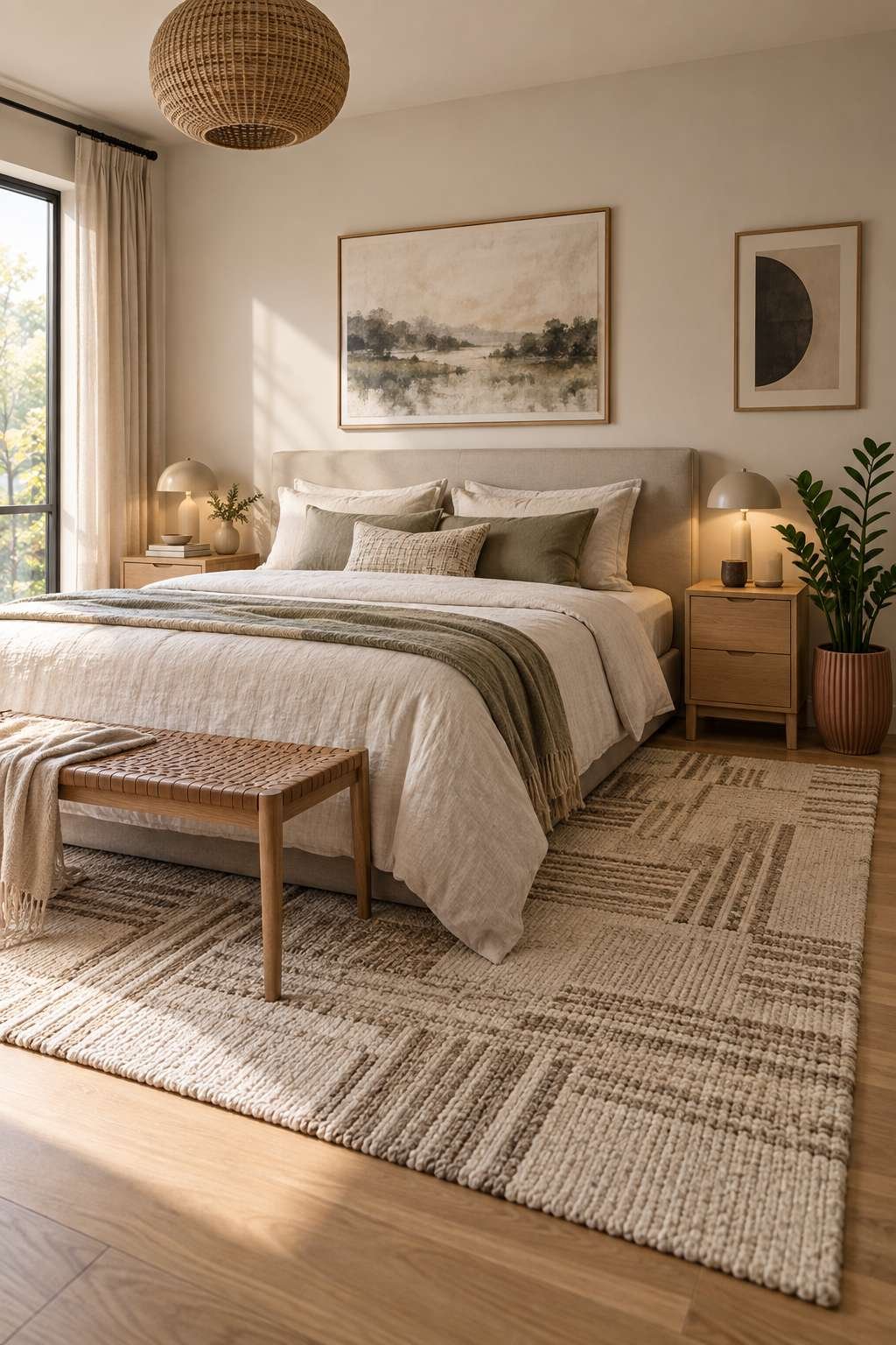 Modern bedroom with an area rug placed under a queen bed