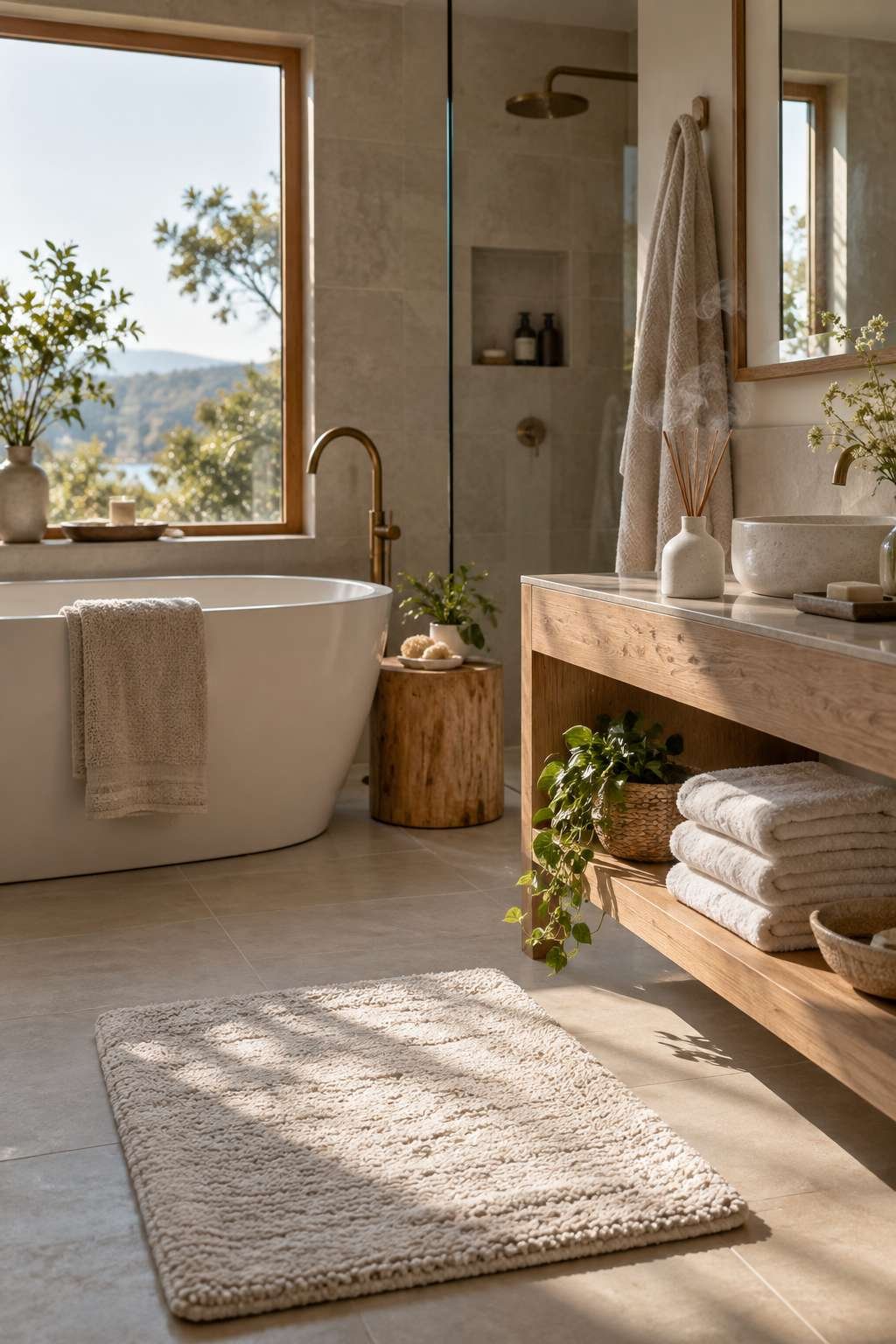 Fresh towels and clean bath mat finishing a deep cleaned bathroom