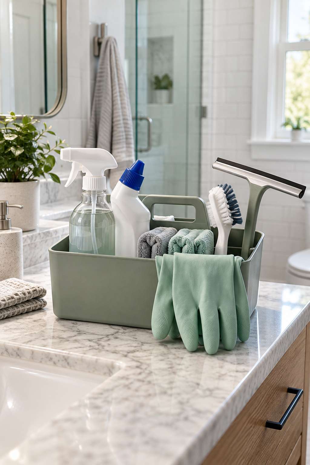 Bathroom cleaning supplies staged in a caddy before a deep clean