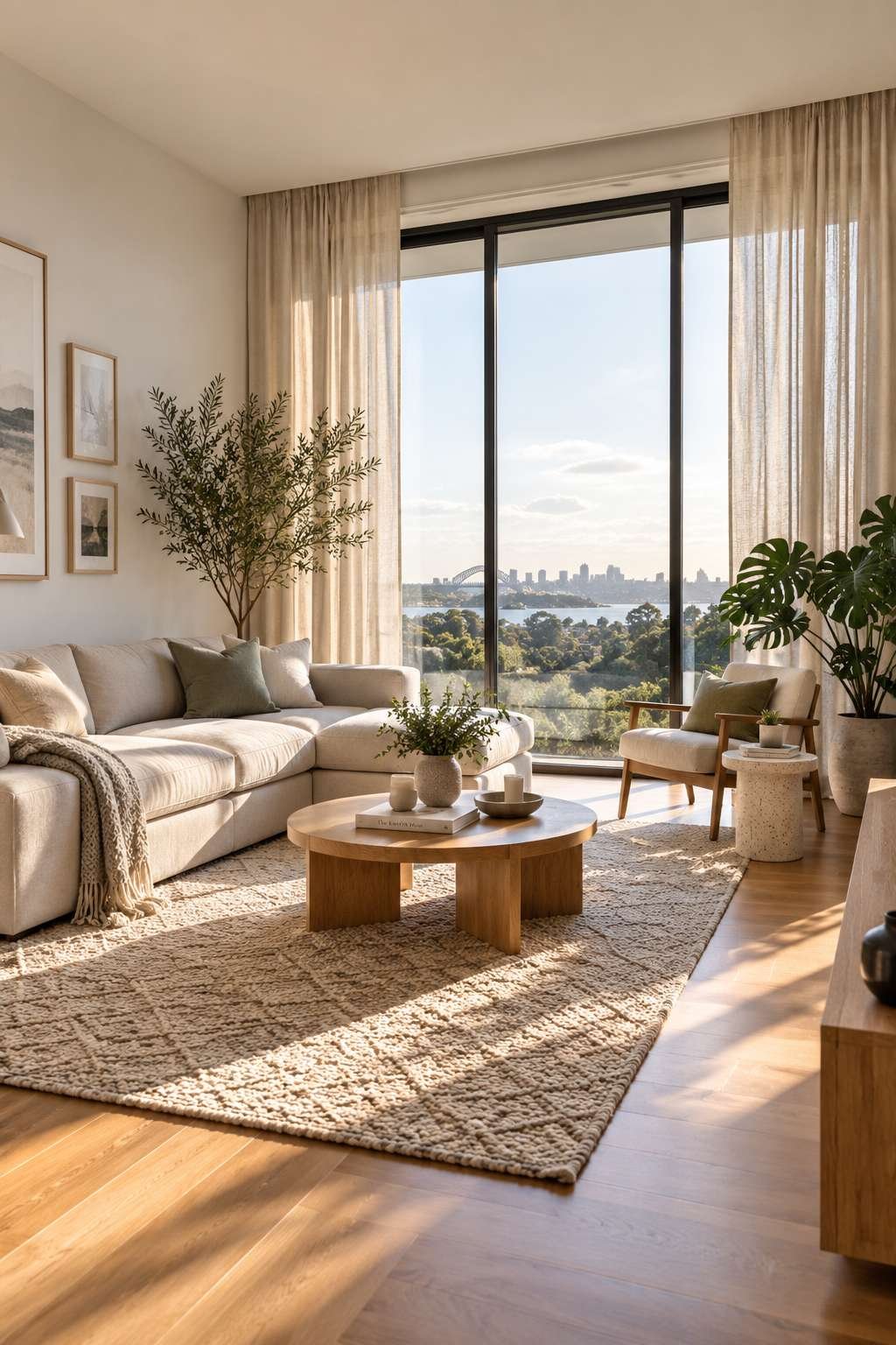 Modern living room with linen curtains framing a sunlit window