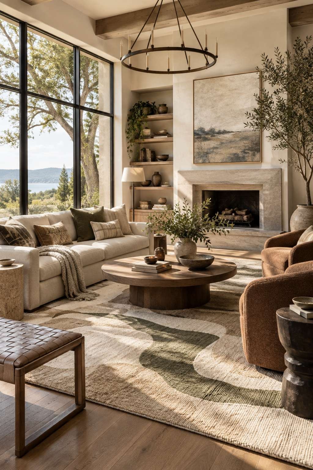 Living room with sofa, accent chairs, and rug showing how to choose furniture for a living room