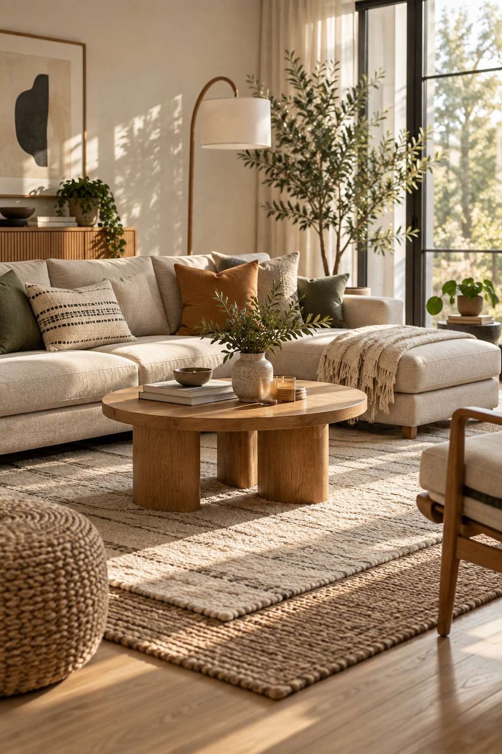 Bright modern living room styled with neutral sofa, rug, and wooden coffee table
