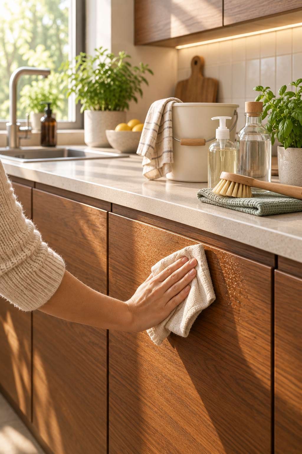 Hand wiping clean wood kitchen cabinets with a microfiber cloth in sunlight