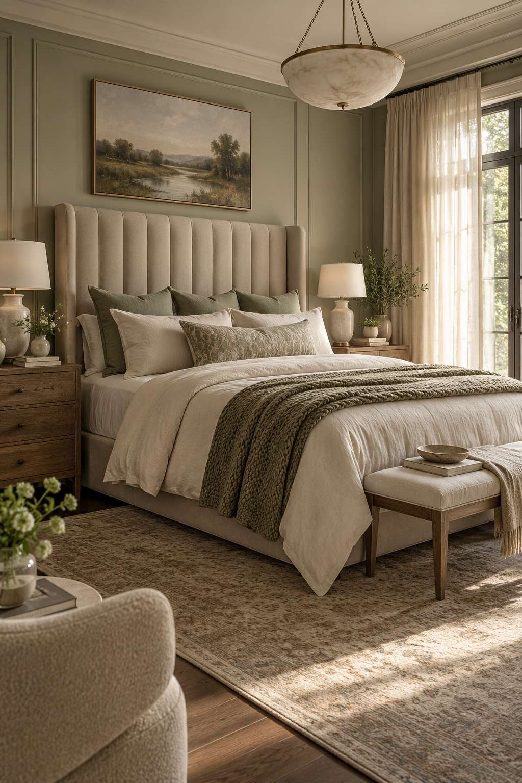 How to decorate a bedroom with a cozy neutral color palette and layered bedding