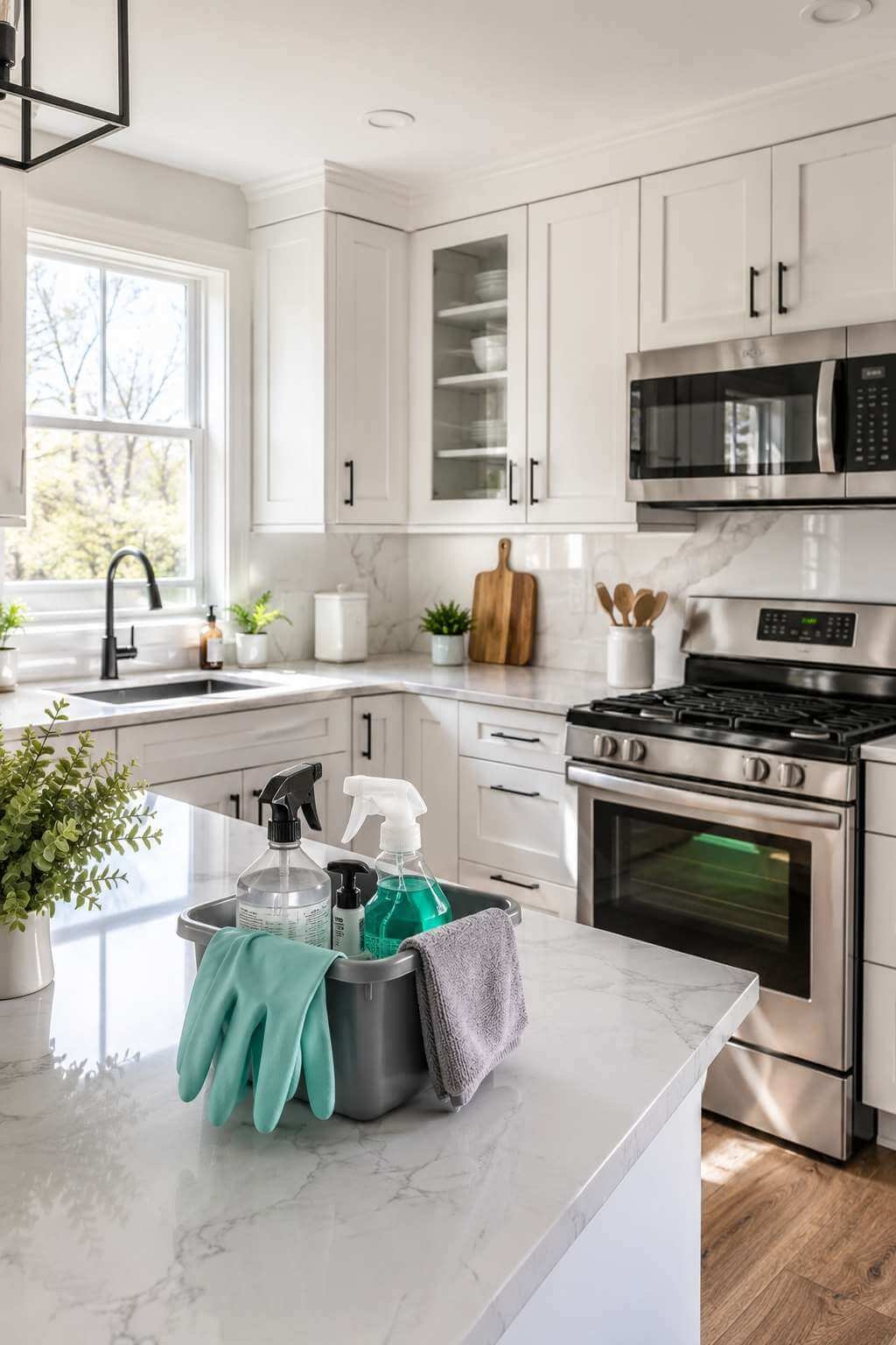 Bright modern kitchen with cleaning supplies, ready for a deep clean