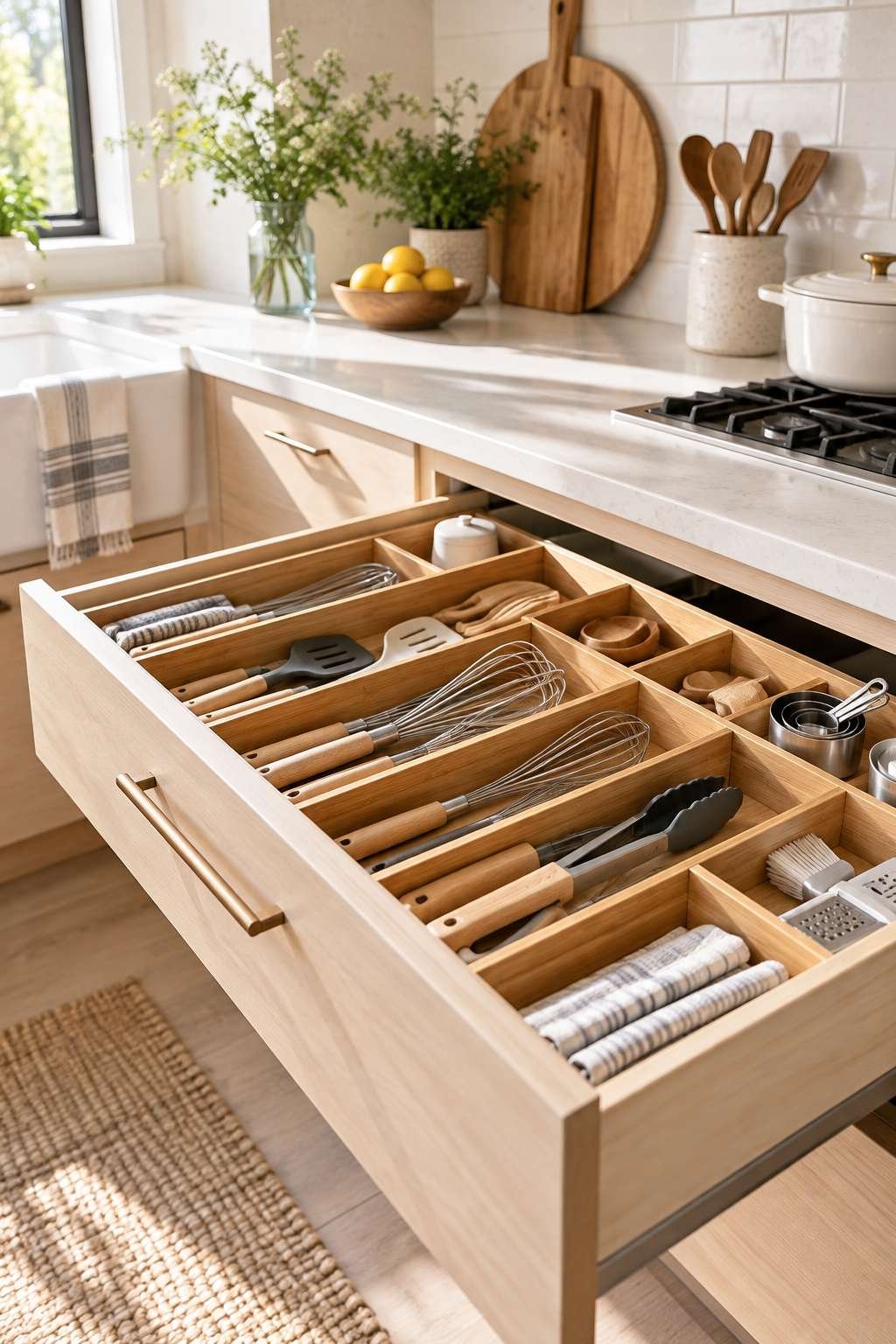 Open kitchen drawer with organized utensils showing how to organize kitchen drawers