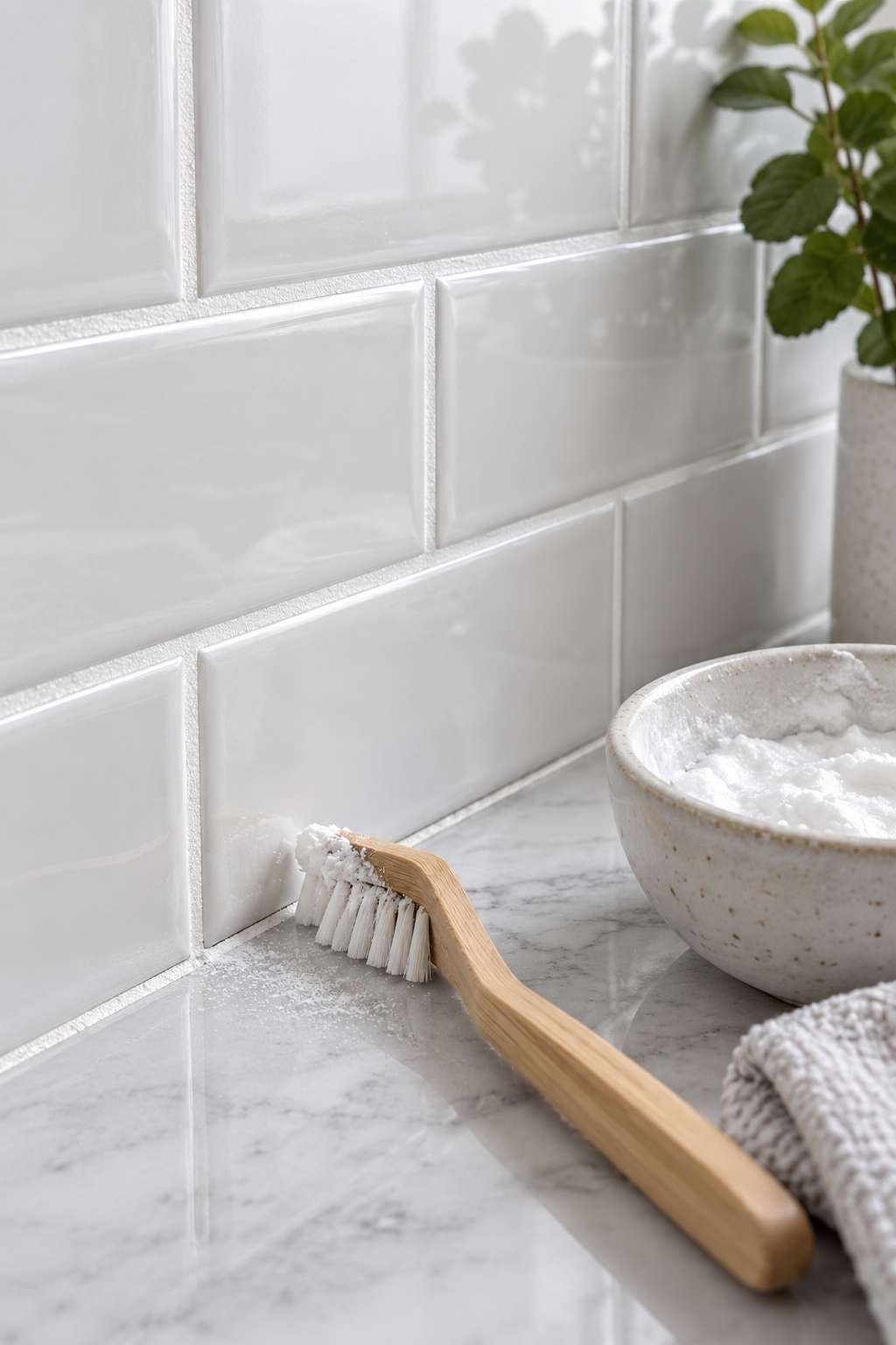 Close-up of clean white tile and grout lines after scrubbing