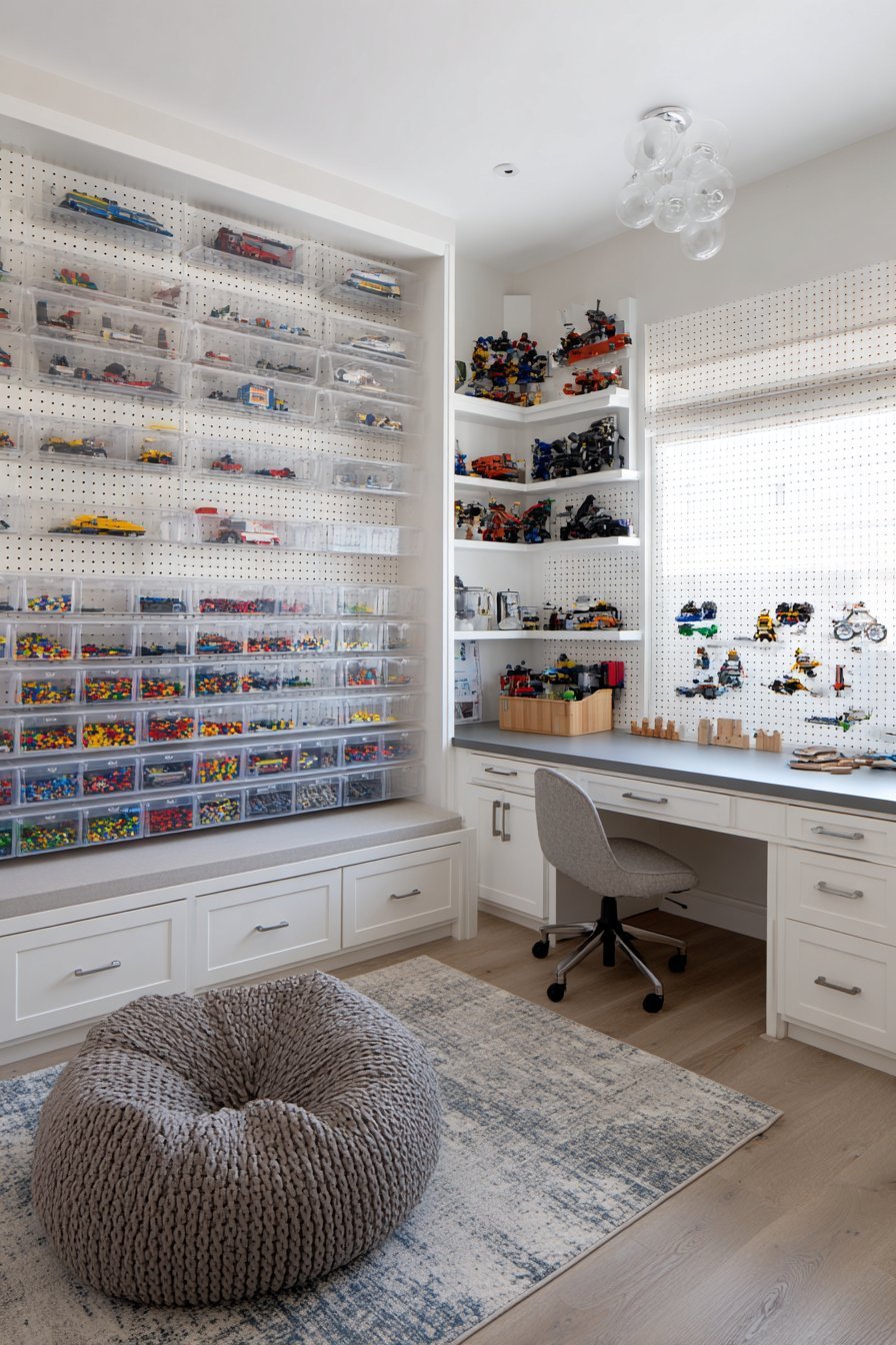 Lego storage room with white wall unit, grey baseplate desk, clear drawers, pegboard and apothecary cabinet
