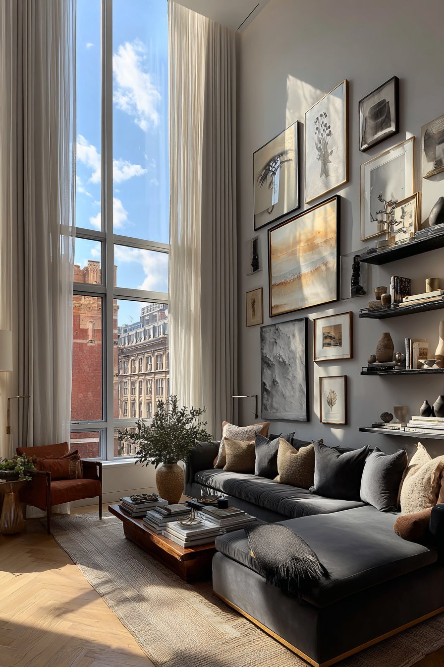 Living room with charcoal sectional, gallery wall, walnut coffee table, terracotta chair and brass sconces