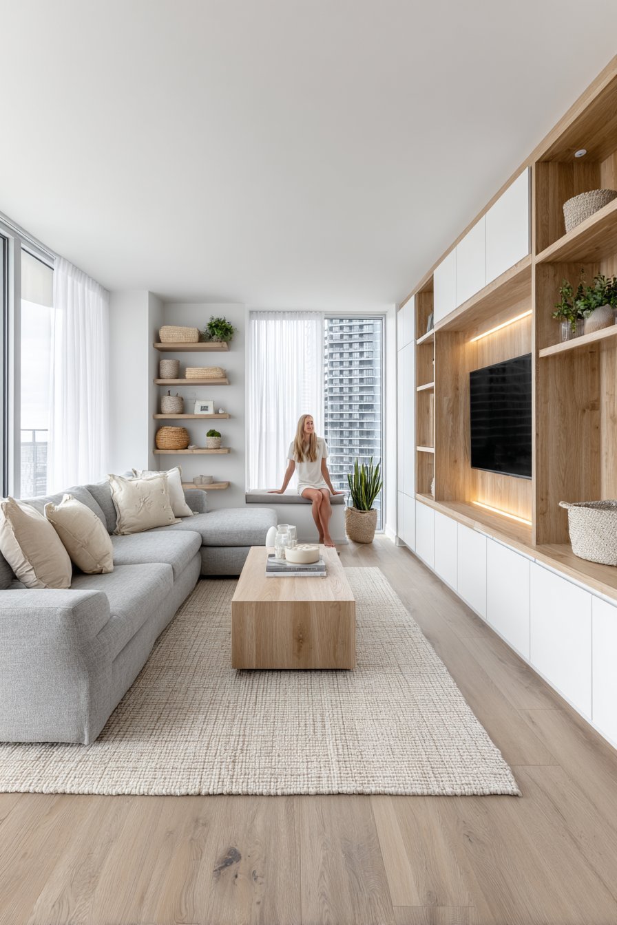 Living room with white oak storage wall, grey sectional, lift-top coffee table, window seat and woven baskets