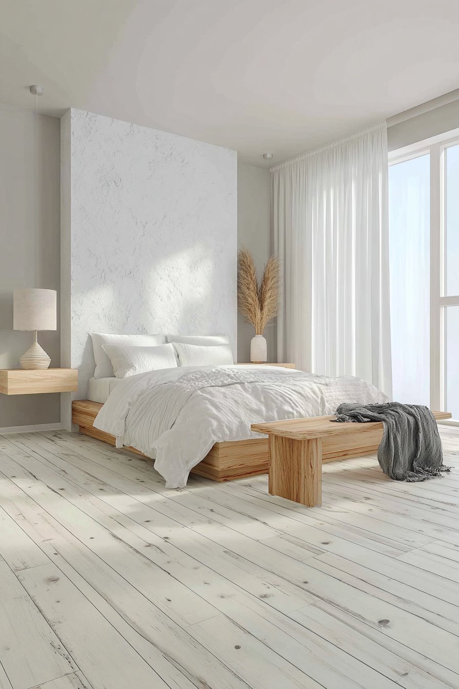 Minimal bedroom with oak platform bed, textured white plaster wall, floating nightstands and walnut bench with wool throw