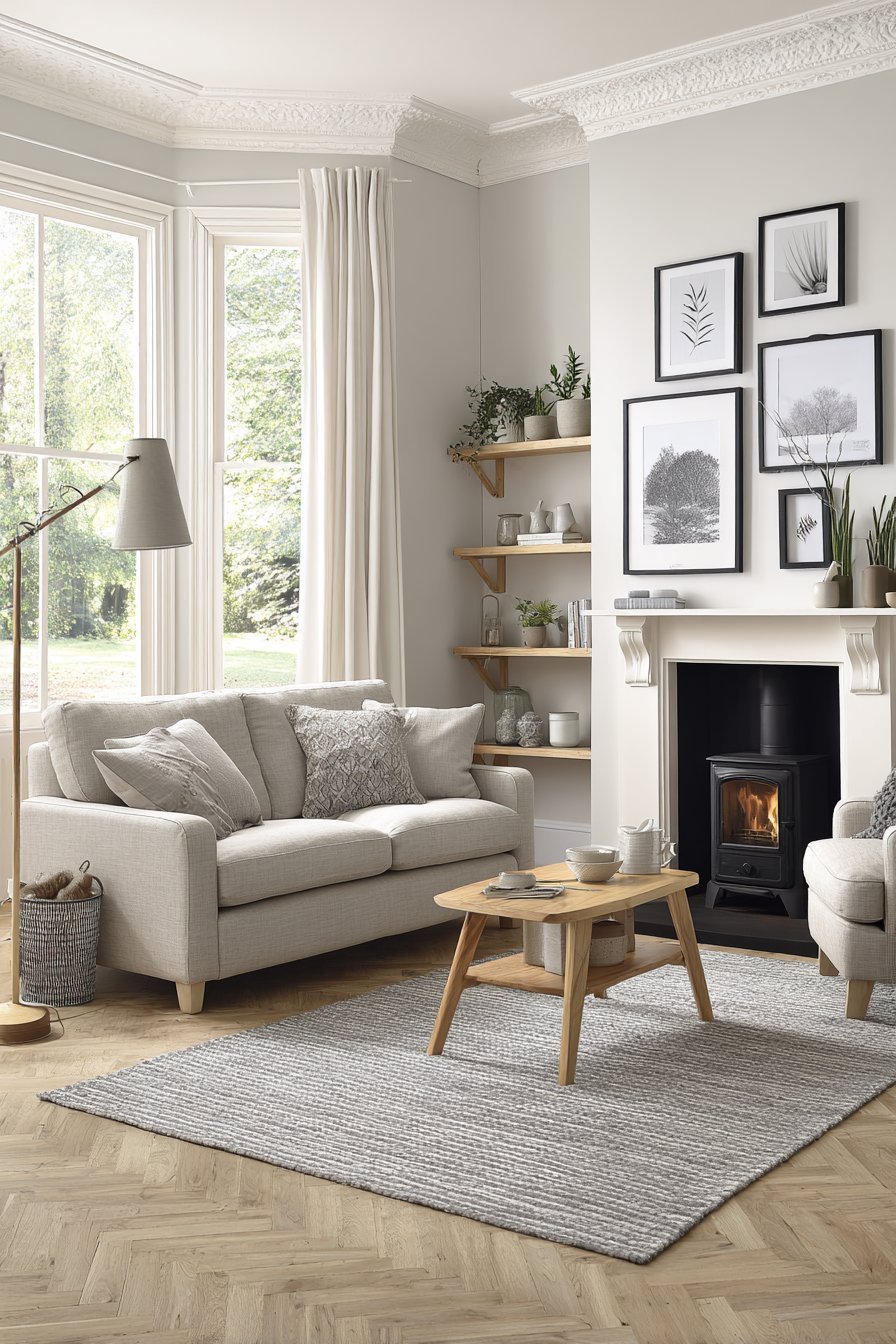 Scandinavian living room with oatmeal linen sofa, black wood stove, birch bookshelves and large sheer-curtained windows