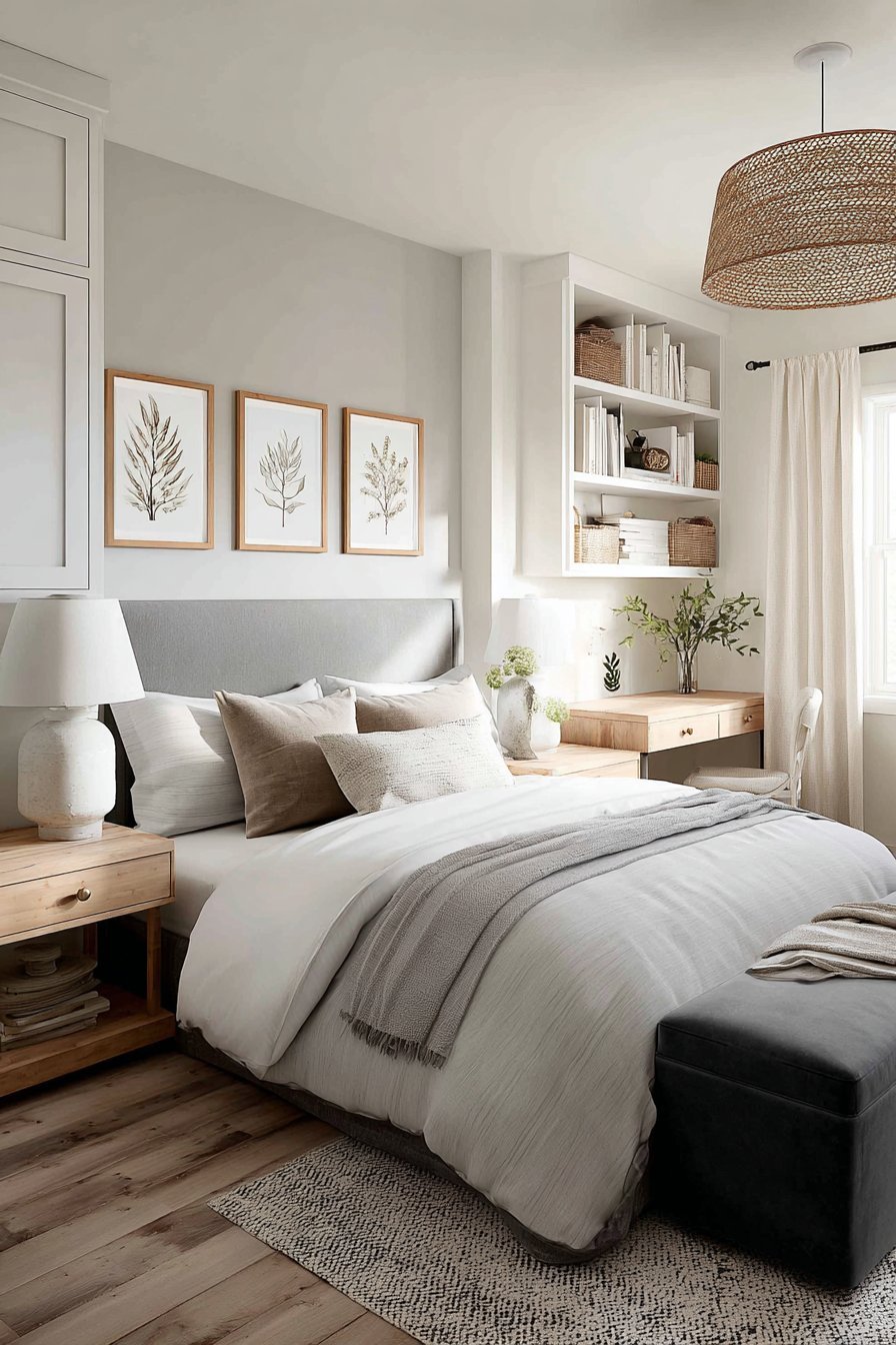 Small bedroom with grey linen bed, floating oak nightstands, white built-in storage and herringbone oak floor