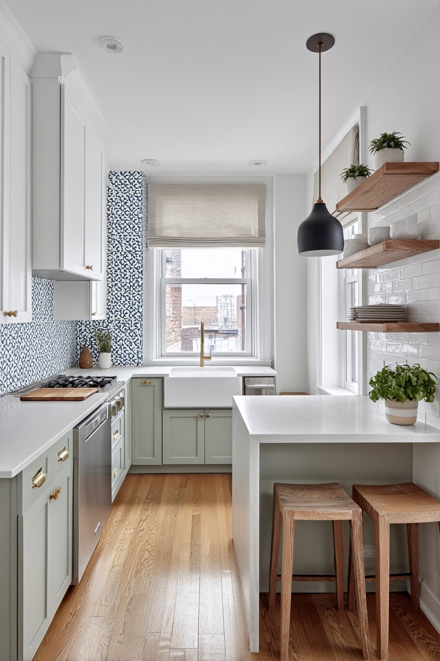 Small L-shaped kitchen with sage green lower cabinets, white uppers, brass pulls and quartz peninsula