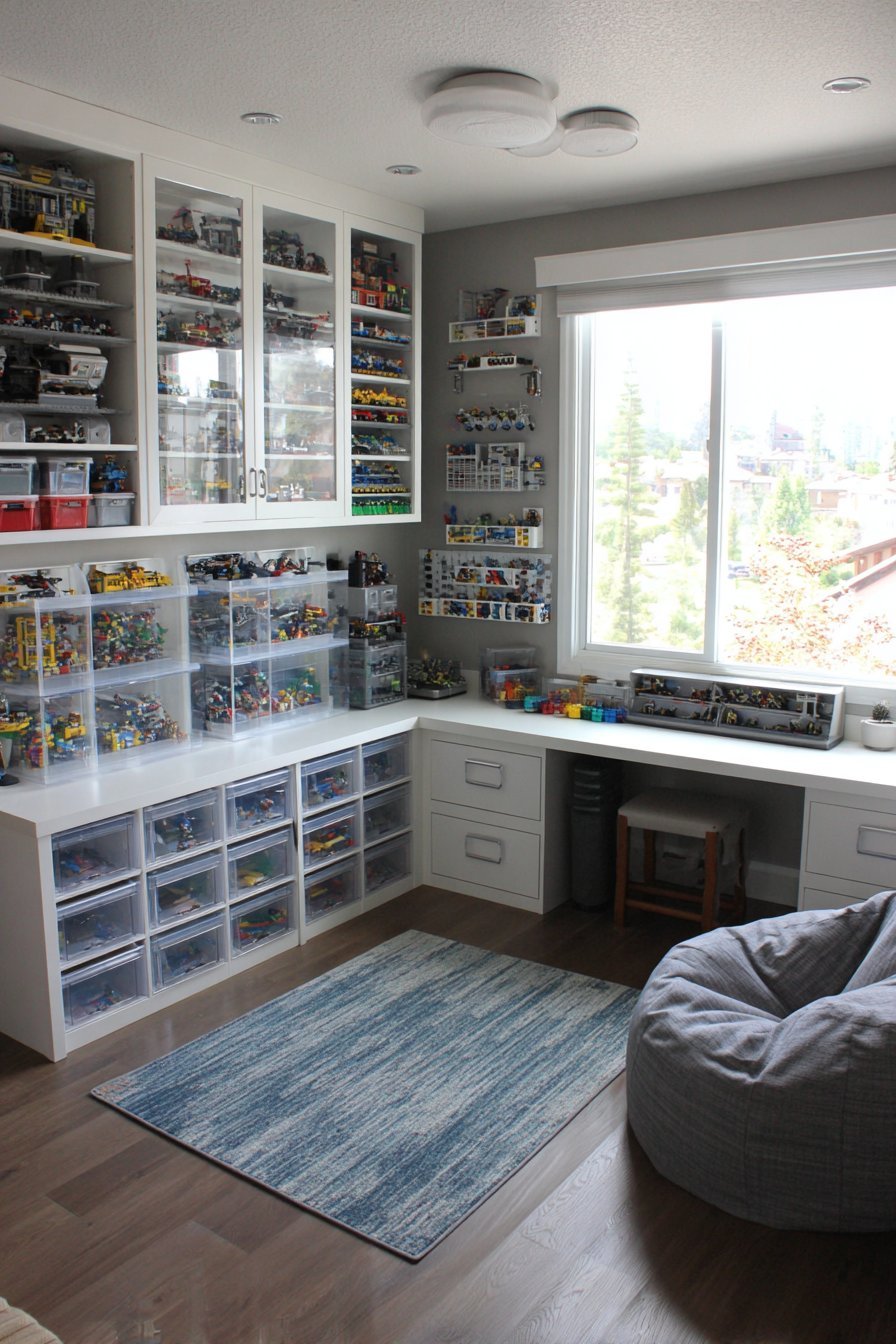 Lego storage room with white wall unit, grey baseplate desk, clear drawers, pegboard and apothecary cabinet