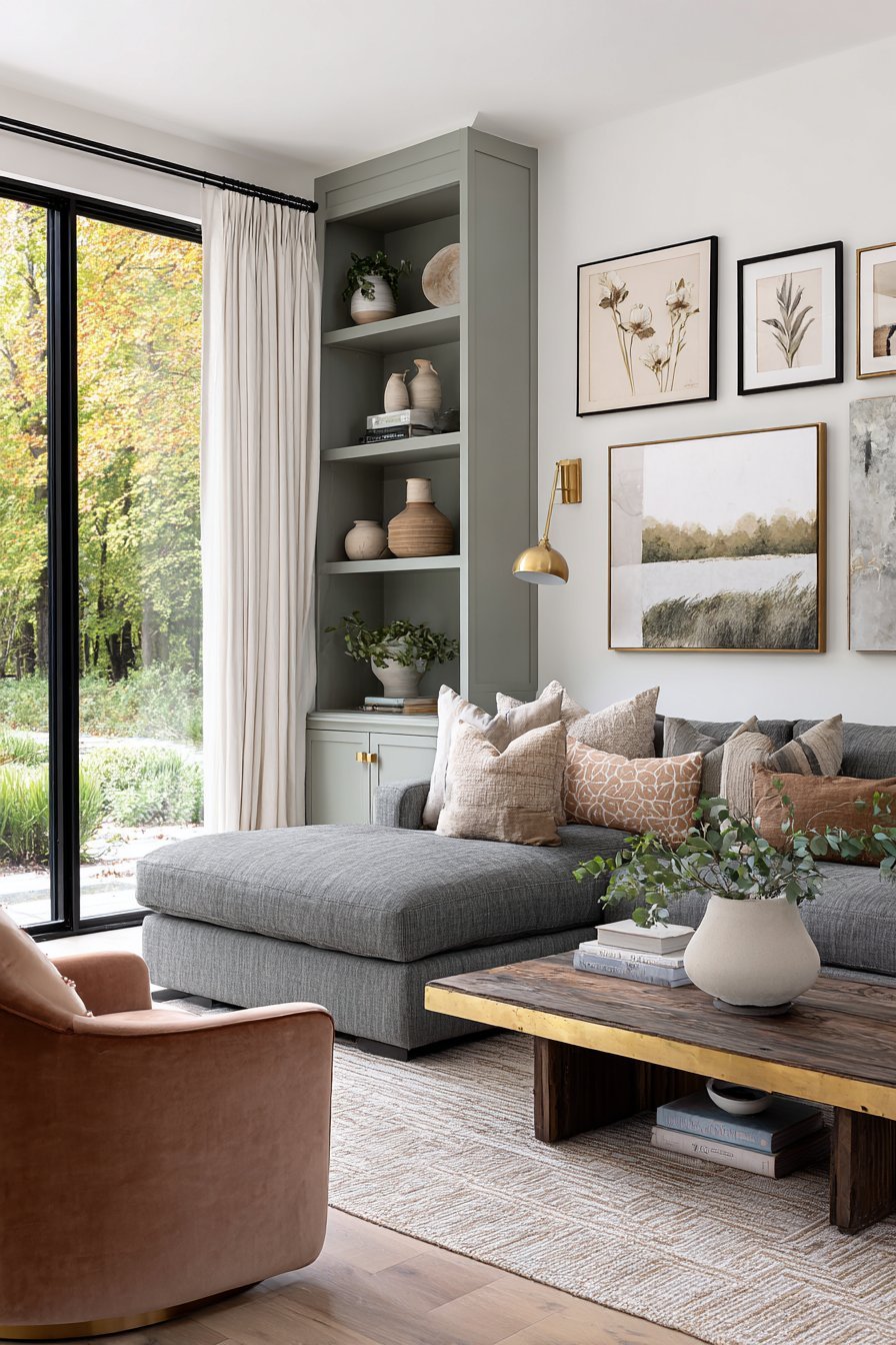 Living room with charcoal sectional, gallery wall, walnut coffee table, terracotta chair and brass sconces