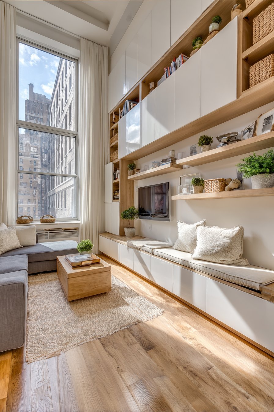 Living room with white oak storage wall, grey sectional, lift-top coffee table, window seat and woven baskets