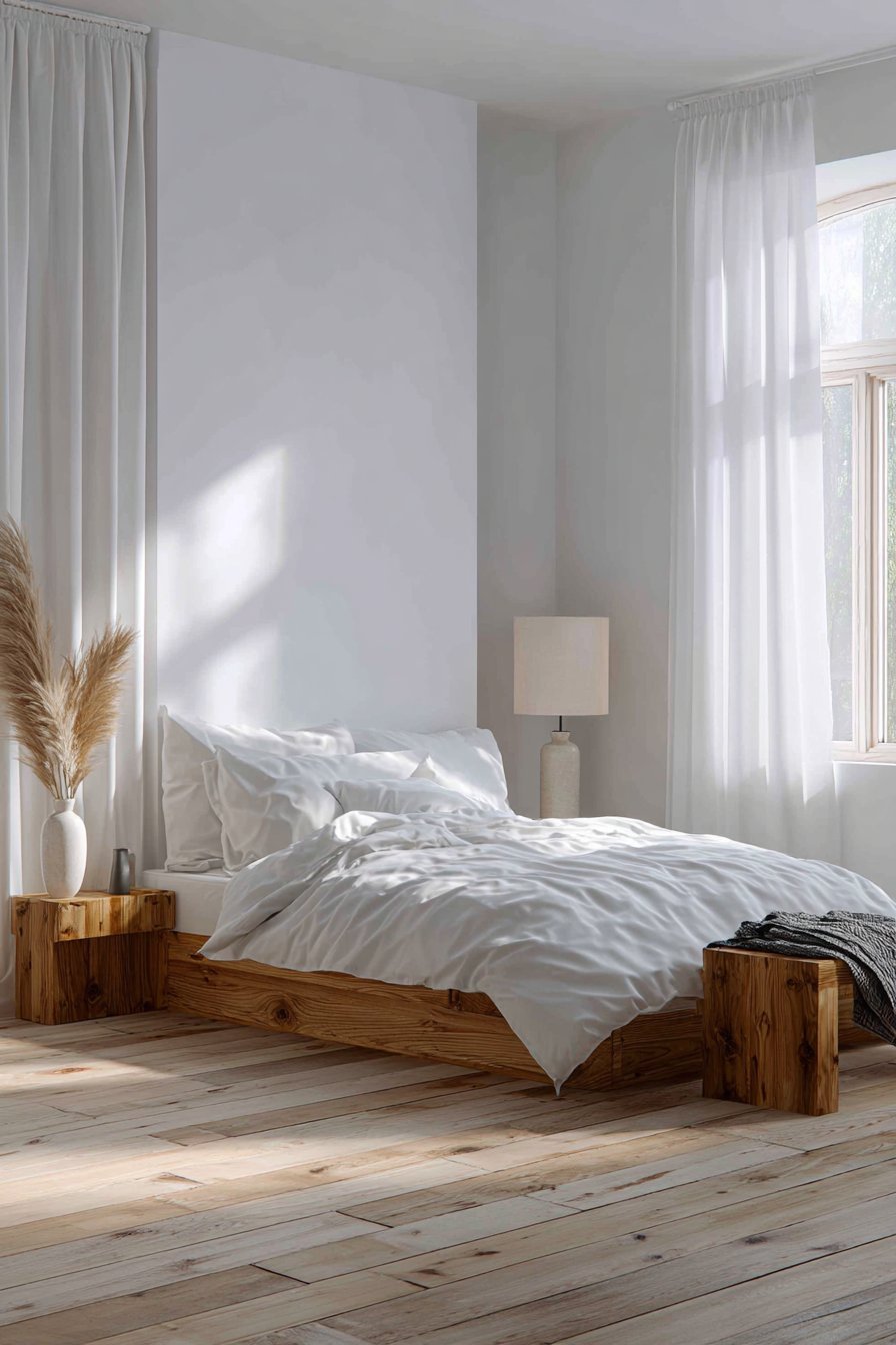 Minimal bedroom with oak platform bed, textured white plaster wall, floating nightstands and walnut bench with wool throw