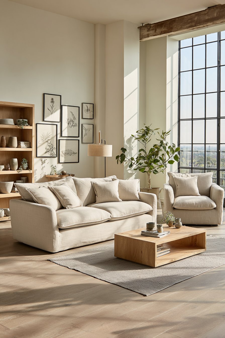 Scandinavian living room with oatmeal linen sofa, black wood stove, birch bookshelves and large sheer-curtained windows